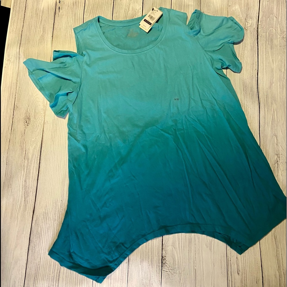 NWT Lane Bryant Ombré Blue Cold Shoulder Top with Shark bite hem Size 14/16